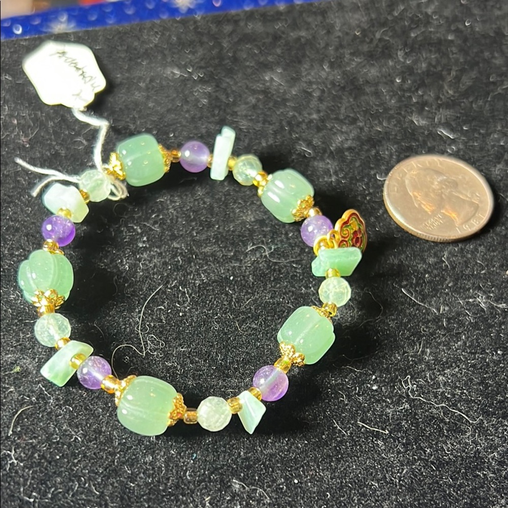 #41 Handmade Green and Purple Beaded Bracelet